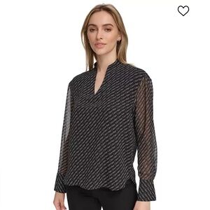NWT Calvin Klein Women's Chiffon Sleeve Logo Print V-Neck Blouse Size L